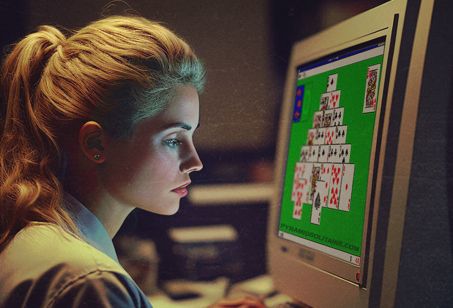A woman from the 1990s is playing Microsoft Tut's Tomb, a Pyramid Solitaire variant.